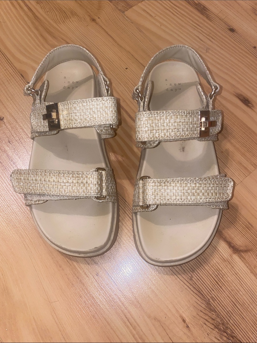 a new day Beige Woven Double-Strap Sandals with Gold Buckles